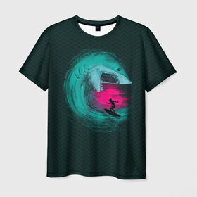 Мужская футболка 3D с принтом Shark Vortex в Кировске, 100% полиэфир | прямой крой, круглый вырез горловины, длина до линии бедер | акула | закат | море | океан | рыба | серф | солнце