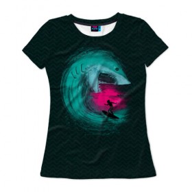 Женская футболка 3D с принтом Shark Vortex в Кировске, 100% полиэфир ( синтетическое хлопкоподобное полотно) | прямой крой, круглый вырез горловины, длина до линии бедер | Тематика изображения на принте: акула | закат | море | океан | рыба | серф | солнце