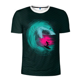 Мужская футболка 3D спортивная с принтом Shark Vortex в Кировске, 100% полиэстер с улучшенными характеристиками | приталенный силуэт, круглая горловина, широкие плечи, сужается к линии бедра | Тематика изображения на принте: акула | закат | море | океан | рыба | серф | солнце
