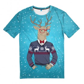 Мужская футболка 3D с принтом Олень хипстер в Кировске, 100% полиэфир | прямой крой, круглый вырез горловины, длина до линии бедер | hipster | голова животного | животные | олень | олень хипстер | подарок на новый год | хипстер