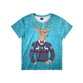 Детская футболка 3D с принтом Олень хипстер в Кировске, 100% гипоаллергенный полиэфир | прямой крой, круглый вырез горловины, длина до линии бедер, чуть спущенное плечо, ткань немного тянется | hipster | голова животного | животные | олень | олень хипстер | подарок на новый год | хипстер