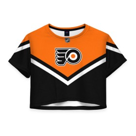 Женская футболка 3D укороченная с принтом Philadelphia Flyers в Кировске, 100% полиэстер | круглая горловина, длина футболки до линии талии, рукава с отворотами | america | canada | hockey | nhl | usa | америка | канада | лед | нхл | сша | филадельфия | флайерз | хоккей