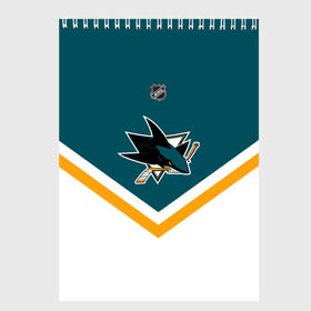 Скетчбук с принтом San Jose Sharks в Кировске, 100% бумага
 | 48 листов, плотность листов — 100 г/м2, плотность картонной обложки — 250 г/м2. Листы скреплены сверху удобной пружинной спиралью | america | canada | hockey | nhl | usa | акула | америка | канада | лед | нхл | сан хосе | сша | хоккей | шаркс