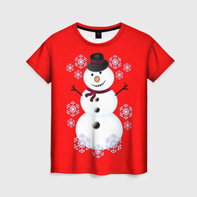 Женская футболка 3D с принтом Снеговик в Кировске, 100% полиэфир ( синтетическое хлопкоподобное полотно) | прямой крой, круглый вырез горловины, длина до линии бедер | 2017 | дед мороз | зима | новый год | снеговик | снежинки