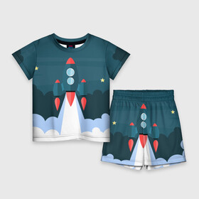 Детский костюм с шортами 3D с принтом Ракета в Кировске,  |  | Тематика изображения на принте: звёзды | космический корабль | космическое пространство | космос | созвездие