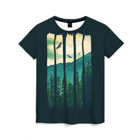 Женская футболка 3D с принтом Green Life в Кировске, 100% полиэфир ( синтетическое хлопкоподобное полотно) | прямой крой, круглый вырез горловины, длина до линии бедер | bird | forest | green | mountain | nature | гора | дерево | деревья | зеленый | лес | природа | птицы