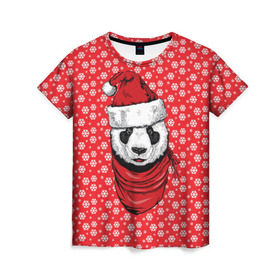Женская футболка 3D с принтом Панда Клаус в Кировске, 100% полиэфир ( синтетическое хлопкоподобное полотно) | прямой крой, круглый вырез горловины, длина до линии бедер | animal | bear | beast | claus | panda | santa | дед мороз | елка | зверь | клаус | медведь | новый год | панда | рождество | санта | снег