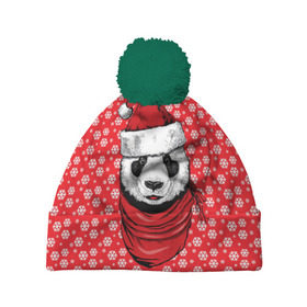 Шапка 3D c помпоном с принтом Панда Клаус в Кировске, 100% полиэстер | универсальный размер, печать по всей поверхности изделия | animal | bear | beast | claus | panda | santa | дед мороз | елка | зверь | клаус | медведь | новый год | панда | рождество | санта | снег