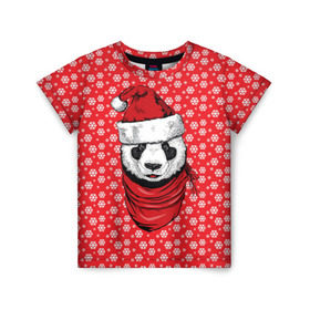 Детская футболка 3D с принтом Панда Клаус в Кировске, 100% гипоаллергенный полиэфир | прямой крой, круглый вырез горловины, длина до линии бедер, чуть спущенное плечо, ткань немного тянется | animal | bear | beast | claus | panda | santa | дед мороз | елка | зверь | клаус | медведь | новый год | панда | рождество | санта | снег