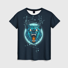 Женская футболка 3D с принтом Космический медведь в Кировске, 100% полиэфир ( синтетическое хлопкоподобное полотно) | прямой крой, круглый вырез горловины, длина до линии бедер | Тематика изображения на принте: bear | galaxy | moon | planet | rage | roar | space | universe | галактика | космос | луна | медведь | рык