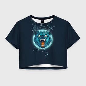 Женская футболка 3D укороченная с принтом Космический медведь в Кировске, 100% полиэстер | круглая горловина, длина футболки до линии талии, рукава с отворотами | Тематика изображения на принте: bear | galaxy | moon | planet | rage | roar | space | universe | галактика | космос | луна | медведь | рык