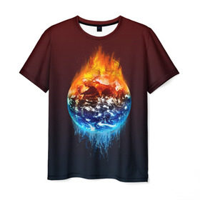 Мужская футболка 3D с принтом Огонь против воды в Кировске, 100% полиэфир | прямой крой, круглый вырез горловины, длина до линии бедер | Тематика изображения на принте: battle | fire | galaxy | planet | space | water | битва | вода | галактика | земля | космос | огонь | пламя | планета