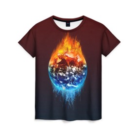 Женская футболка 3D с принтом Огонь против воды в Кировске, 100% полиэфир ( синтетическое хлопкоподобное полотно) | прямой крой, круглый вырез горловины, длина до линии бедер | battle | fire | galaxy | planet | space | water | битва | вода | галактика | земля | космос | огонь | пламя | планета