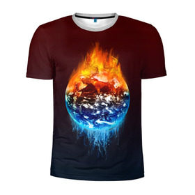 Мужская футболка 3D спортивная с принтом Огонь против воды в Кировске, 100% полиэстер с улучшенными характеристиками | приталенный силуэт, круглая горловина, широкие плечи, сужается к линии бедра | battle | fire | galaxy | planet | space | water | битва | вода | галактика | земля | космос | огонь | пламя | планета