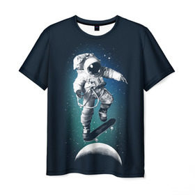Мужская футболка 3D с принтом Космический скейтбординг в Кировске, 100% полиэфир | прямой крой, круглый вырез горловины, длина до линии бедер | cosmonaut | galaxy | planet | skate | space | star | галактика | звезды | космонавт | космос | планета | скейт
