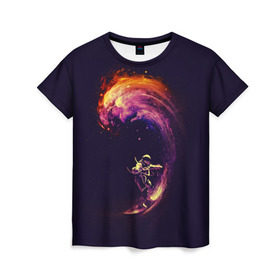 Женская футболка 3D с принтом Космический серфинг в Кировске, 100% полиэфир ( синтетическое хлопкоподобное полотно) | прямой крой, круглый вырез горловины, длина до линии бедер | cosmonaut | galaxy | planet | space | star | surf | галактика | звезды | космонавт | космос | планета | серф