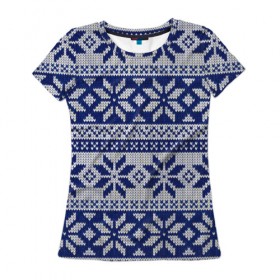 Женская футболка 3D с принтом Синий свитер в Кировске, 100% полиэфир ( синтетическое хлопкоподобное полотно) | прямой крой, круглый вырез горловины, длина до линии бедер | рождество | свитер | снег
