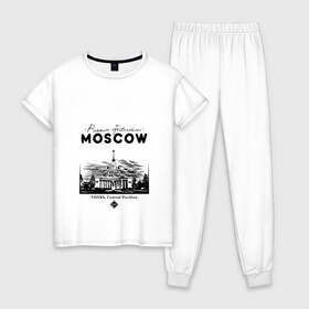 Женская пижама хлопок с принтом Москва, ВДНХ в Кировске, 100% хлопок | брюки и футболка прямого кроя, без карманов, на брюках мягкая резинка на поясе и по низу штанин | 