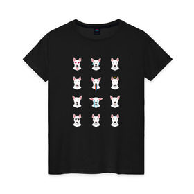 Женская футболка хлопок с принтом 12 эмоций бультерьера в Кировске, 100% хлопок | прямой крой, круглый вырез горловины, длина до линии бедер, слегка спущенное плечо | emoji | булечка | булик | буль | бультерьер | смайл | собака | эмоджи | эмодзи