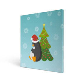 Холст квадратный с принтом Новогодний пингвинчик в Кировске, 100% ПВХ |  | Тематика изображения на принте: елка | новый год | пингвин