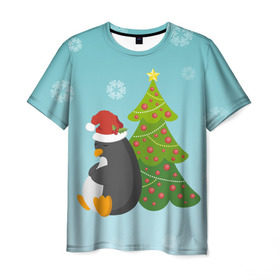 Мужская футболка 3D с принтом Новогодний пингвинчик в Кировске, 100% полиэфир | прямой крой, круглый вырез горловины, длина до линии бедер | елка | новый год | пингвин