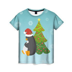 Женская футболка 3D с принтом Новогодний пингвинчик в Кировске, 100% полиэфир ( синтетическое хлопкоподобное полотно) | прямой крой, круглый вырез горловины, длина до линии бедер | елка | новый год | пингвин