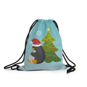 Рюкзак-мешок 3D с принтом Новогодний пингвинчик в Кировске, 100% полиэстер | плотность ткани — 200 г/м2, размер — 35 х 45 см; лямки — толстые шнурки, застежка на шнуровке, без карманов и подкладки | елка | новый год | пингвин