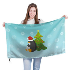 Флаг 3D с принтом Новогодний пингвинчик в Кировске, 100% полиэстер | плотность ткани — 95 г/м2, размер — 67 х 109 см. Принт наносится с одной стороны | елка | новый год | пингвин