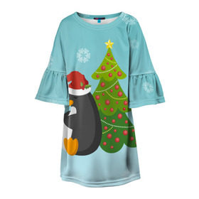 Детское платье 3D с принтом Новогодний пингвинчик в Кировске, 100% полиэстер | прямой силуэт, чуть расширенный к низу. Круглая горловина, на рукавах — воланы | елка | новый год | пингвин