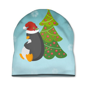 Шапка 3D с принтом Новогодний пингвинчик в Кировске, 100% полиэстер | универсальный размер, печать по всей поверхности изделия | Тематика изображения на принте: елка | новый год | пингвин