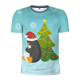 Мужская футболка 3D спортивная с принтом Новогодний пингвинчик в Кировске, 100% полиэстер с улучшенными характеристиками | приталенный силуэт, круглая горловина, широкие плечи, сужается к линии бедра | Тематика изображения на принте: елка | новый год | пингвин
