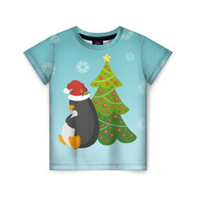 Детская футболка 3D с принтом Новогодний пингвинчик в Кировске, 100% гипоаллергенный полиэфир | прямой крой, круглый вырез горловины, длина до линии бедер, чуть спущенное плечо, ткань немного тянется | Тематика изображения на принте: елка | новый год | пингвин