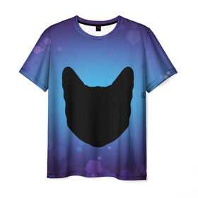 Мужская футболка 3D с принтом Силуэт черной кошки в Кировске, 100% полиэфир | прямой крой, круглый вырез горловины, длина до линии бедер | Тематика изображения на принте: кошка | силуэт | синий | фиолетовый | черный