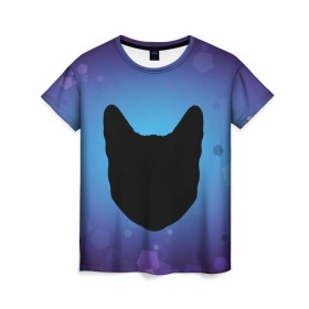 Женская футболка 3D с принтом Силуэт черной кошки в Кировске, 100% полиэфир ( синтетическое хлопкоподобное полотно) | прямой крой, круглый вырез горловины, длина до линии бедер | кошка | силуэт | синий | фиолетовый | черный