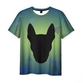 Мужская футболка 3D с принтом силуэт Бультерьера в Кировске, 100% полиэфир | прямой крой, круглый вырез горловины, длина до линии бедер | зеленый | силуэт | синий | собака | черный
