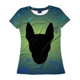 Женская футболка 3D с принтом силуэт Бультерьера в Кировске, 100% полиэфир ( синтетическое хлопкоподобное полотно) | прямой крой, круглый вырез горловины, длина до линии бедер | зеленый | силуэт | синий | собака | черный