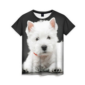 Женская футболка 3D с принтом Вест-хайленд-уайт-терьер в Кировске, 100% полиэфир ( синтетическое хлопкоподобное полотно) | прямой крой, круглый вырез горловины, длина до линии бедер | Тематика изображения на принте: вест хайленд уайт терьер | животное | порода | собака