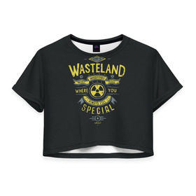 Женская футболка 3D укороченная с принтом Come to Wasteland в Кировске, 100% полиэстер | круглая горловина, длина футболки до линии талии, рукава с отворотами | Тематика изображения на принте: atom | bomb | boy | fallout | radioactive | vault | wasteland | атом | бой | бомба | волт | мальчик | радиация | фоллаут | ядерная