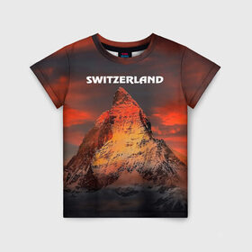 Детская футболка 3D с принтом Швейцария в Кировске, 100% гипоаллергенный полиэфир | прямой крой, круглый вырез горловины, длина до линии бедер, чуть спущенное плечо, ткань немного тянется | switzerland | альпы | горы | заграница | отдых | отпуск | туризм | турист