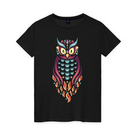 Женская футболка хлопок с принтом Яркая сова в Кировске, 100% хлопок | прямой крой, круглый вырез горловины, длина до линии бедер, слегка спущенное плечо | птица | сова | яркий
