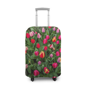 Чехол для чемодана 3D с принтом Тюльпанчики в Кировске, 86% полиэфир, 14% спандекс | двустороннее нанесение принта, прорези для ручек и колес | зеленый | поле | природа | растения | тюльпаны | цветной | цветы