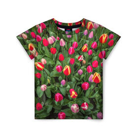 Детская футболка 3D с принтом Тюльпанчики в Кировске, 100% гипоаллергенный полиэфир | прямой крой, круглый вырез горловины, длина до линии бедер, чуть спущенное плечо, ткань немного тянется | зеленый | поле | природа | растения | тюльпаны | цветной | цветы