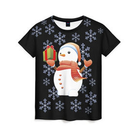 Женская футболка 3D с принтом Снеговик с подарком в Кировске, 100% полиэфир ( синтетическое хлопкоподобное полотно) | прямой крой, круглый вырез горловины, длина до линии бедер | 2017 | дед мороз | зима | новый год | снеговик