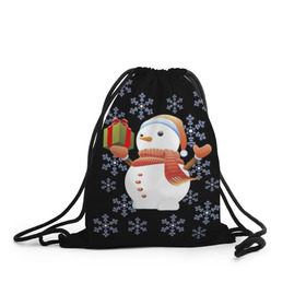 Рюкзак-мешок 3D с принтом Снеговик с подарком в Кировске, 100% полиэстер | плотность ткани — 200 г/м2, размер — 35 х 45 см; лямки — толстые шнурки, застежка на шнуровке, без карманов и подкладки | 2017 | дед мороз | зима | новый год | снеговик