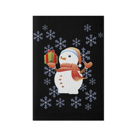 Обложка для паспорта матовая кожа с принтом Снеговик с подарком в Кировске, натуральная матовая кожа | размер 19,3 х 13,7 см; прозрачные пластиковые крепления | Тематика изображения на принте: 2017 | дед мороз | зима | новый год | снеговик