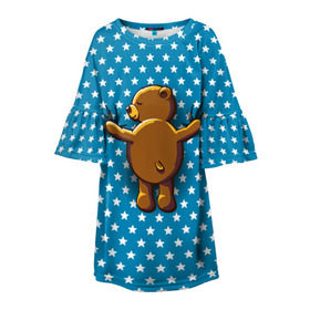 Детское платье 3D с принтом Медвежьи объятия в Кировске, 100% полиэстер | прямой силуэт, чуть расширенный к низу. Круглая горловина, на рукавах — воланы | Тематика изображения на принте: bear | beast | kid | love | teddy | toy | звезды | зверь | игрушка | любовь | медведь | мишка