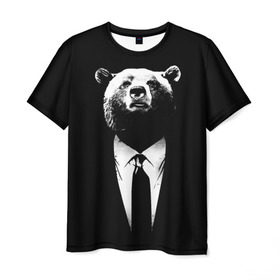 Мужская футболка 3D с принтом Медведь бизнесмен в Кировске, 100% полиэфир | прямой крой, круглый вырез горловины, длина до линии бедер | Тематика изображения на принте: animal | bear | beast | business | suit | бизнес | джентльмен | животное | зверь | медведь | смокинг