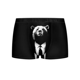 Мужские трусы 3D с принтом Медведь бизнесмен в Кировске, 50% хлопок, 50% полиэстер | классическая посадка, на поясе мягкая тканевая резинка | Тематика изображения на принте: animal | bear | beast | business | suit | бизнес | джентльмен | животное | зверь | медведь | смокинг