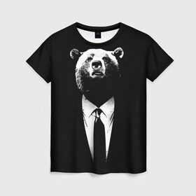 Женская футболка 3D с принтом Медведь бизнесмен в Кировске, 100% полиэфир ( синтетическое хлопкоподобное полотно) | прямой крой, круглый вырез горловины, длина до линии бедер | animal | bear | beast | business | suit | бизнес | джентльмен | животное | зверь | медведь | смокинг