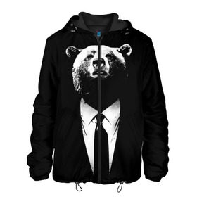 Мужская куртка 3D с принтом Медведь бизнесмен в Кировске, ткань верха — 100% полиэстер, подклад — флис | прямой крой, подол и капюшон оформлены резинкой с фиксаторами, два кармана без застежек по бокам, один большой потайной карман на груди. Карман на груди застегивается на липучку | animal | bear | beast | business | suit | бизнес | джентльмен | животное | зверь | медведь | смокинг